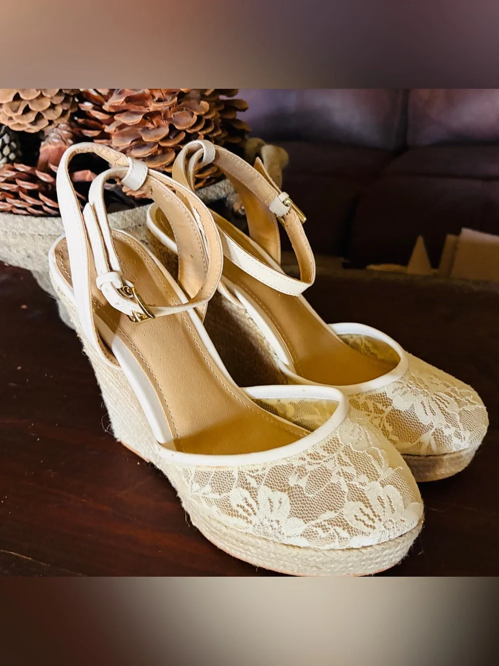 IVORY LACE ESPADRILLES WOVEN 5” HEEL 1” PLATFORM ANKLE STRAPS BEAUTIFUL SIZE 7B